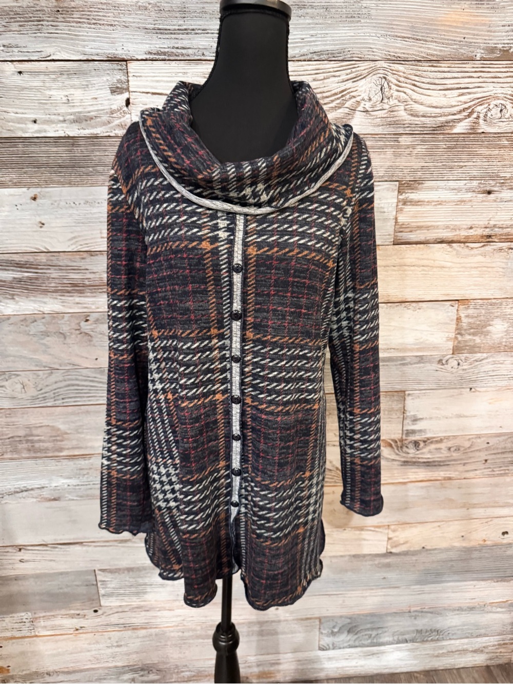 NWT Plaid Button-Front Cowl Neck Women's Blouse